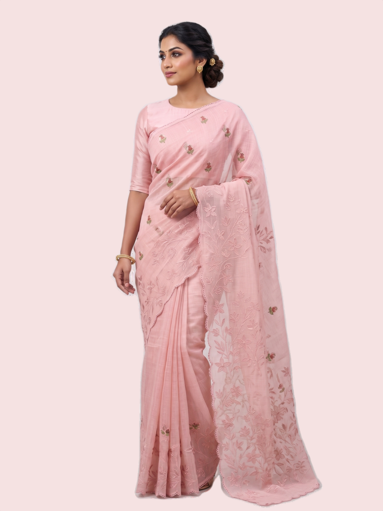 Embroided Kota Silk Saree with Blue Chikankari Border
