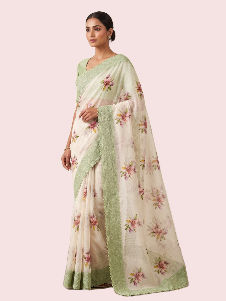Embroided Kota Silk Saree with Green Chikankari Border