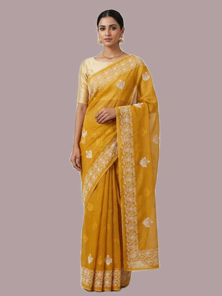 Mustard Kota Saree with Embroidery