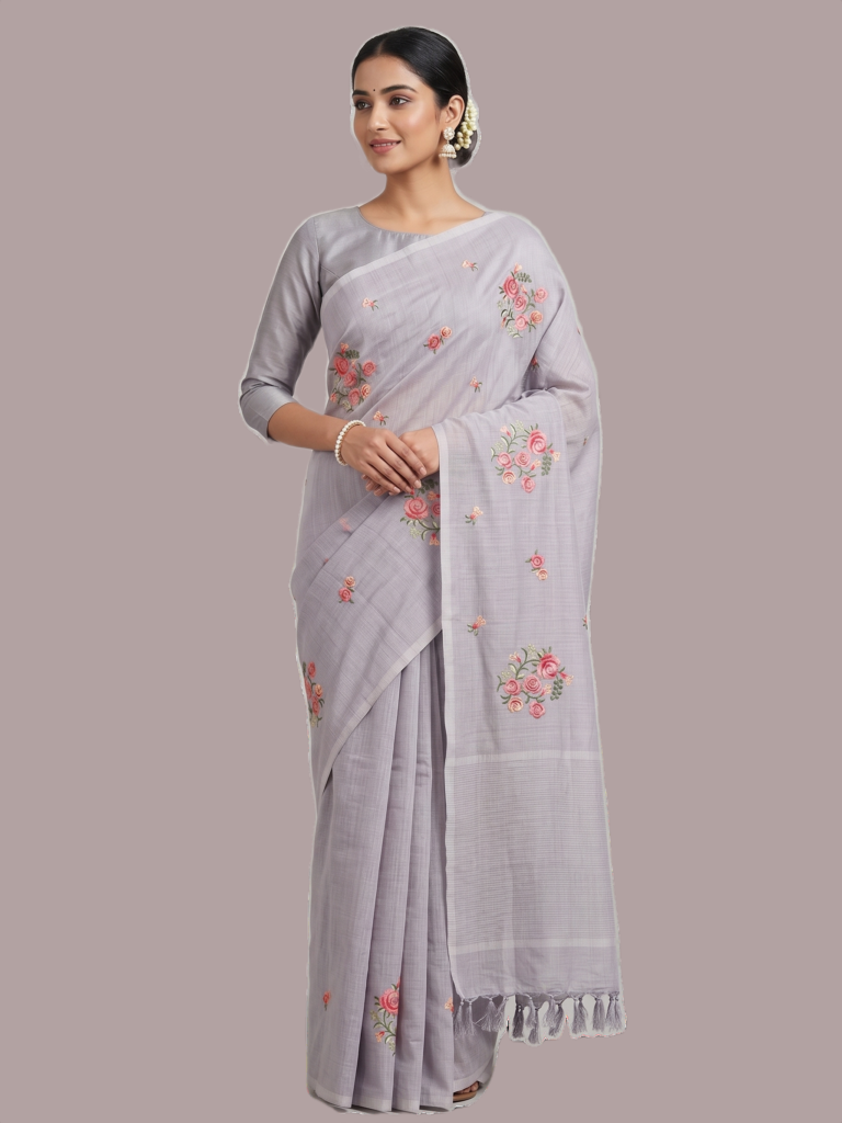 Cross Stitched Embroided Kota Saree - Lavender