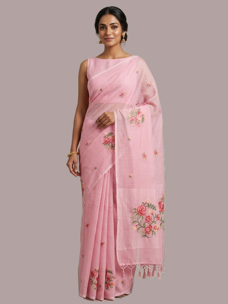 Cross Stitched Embroided Kota Saree (Pink)