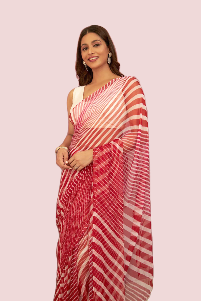 White Red Lahariya Georgette Saree