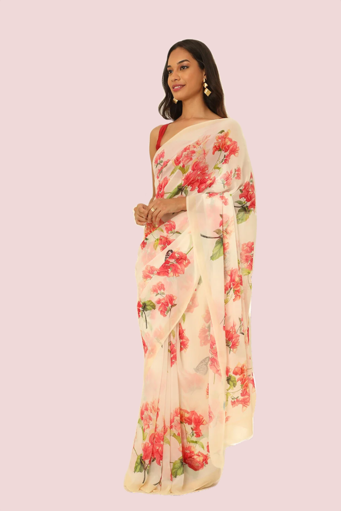 Off White Printed Georgette Saree